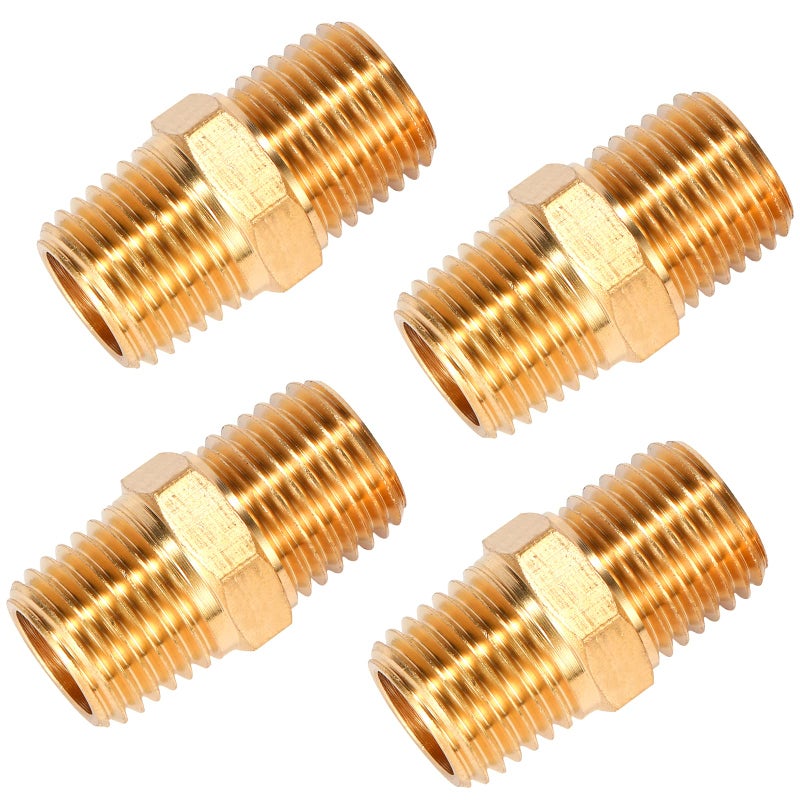 Sanpaint 4 pcs Solid Brass Pipe Fitting, Hex Nipple, 1/4" x 1/4" NPT Male Pipe Adapter (O.D x O.D: 1/2'' x 1/2'') - Image 3